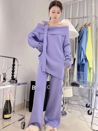 Women's Two Piece Pants Autumn And Winter Knitted Suit Sexy Slash Neck Long Sleeve Loose Sweater Pullover High Waist Wide Leg 2 Set