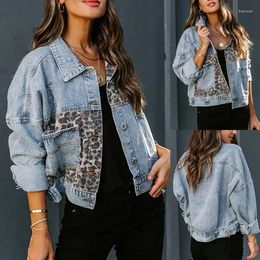 Women's Jackets Europe And The United States Leopard Print Fashion Patchwork Holes Denim Jacket Casual Coat Women