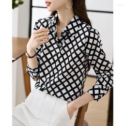 Women's Blouses Women Clothing Fashion Vintage Plaid Printed Chiffon Shirts Spring Elegant Chic Casual Loose Turn-down Collar Button Top