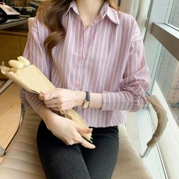 Women's Blouses Women Striped Shirt Loose Causal Basic Simpel Fashion Blouse Spring Lady Top Long Sleeve Turn-down Collar Button Cardigan