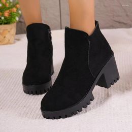 Boots 2023 Shoes For Women Side Zip Ankle Women's Retro Daily Round Toe Chunky Heel Platform Female