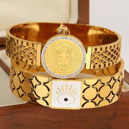 Bangle AENSOA Chunky Portrait Coin Stainless Steel Wide Cuff Bangles Bracelets For Women Gold Plated Inlaid Rhinestone Charm