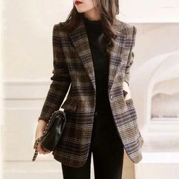 Women's Suits S-3XL Women Blazer Jacket Check Plaid Thick Slim Loose Spring Autumn Casual Office Work Plus Size Brown