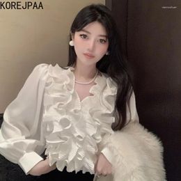 Women's Blouses Korejpaa French Style Women Blouse Elegant Ruffled V Neck White Shirt 2024 Spring Korean Fashion Blusa Feminina