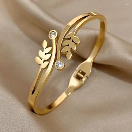 Bangle Greatera 18K Gold Plated Stainless Steel Leaf For Women Waterproof Flora Leaves Metal Bracelets Jewellery