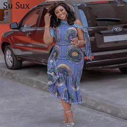 Ethnic Clothing African Dresses For Women Elegant Print One Shoulder Ruffles Long Dress Clothes Dashiki Party 2024 Spring Summe