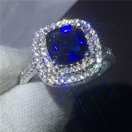 Women Fashion cushion cut 3ct Blue 5A zircon crystal 925 Sterling silver Engagement wedding band ring for women Bijoux280H