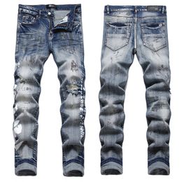 Men Jeans Letter Star AM tiny spot Men Embroidery Patchwork Ripped Sexy Romantic Wild Motorcycle Pant Mens AM3575-00 size 29-38