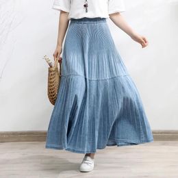 Jeans Tiyihailey Free Shipping 2022 New Long Maxi Aline Skirt Women Elastic Waist Spring Autumn Denim Jeans Vintage Big Hem Pleated