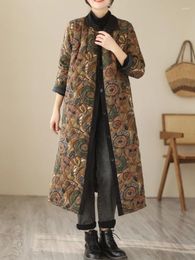 Women's Trench Coats Autumn Clothing Jacket Mid Length Loose Print Polo Neck Long Sleeve Ethnic Style Buttons Coat For Women