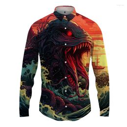 Men's Casual Shirts Fashion Long -sleeved Shirt 3D Sea Surface Water Map Button Spring And Autumn Hip -hop Top