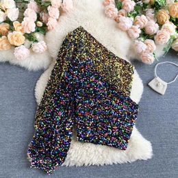 Women's Blouses Sexy Slanted Collar Cropped Tops Strapless Single Puff Long Sleeve Blouse Slim Fit Short Shining Sequined Top Clubwear