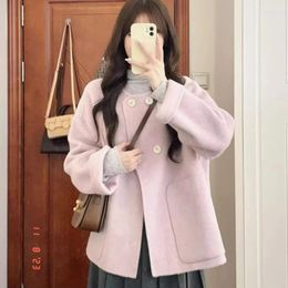 Women's Suits Autumn/winter Vintage Casual Short Woollen Suit Blazers Cute Solid Colour Loose Round Neck Double Breasted Coats