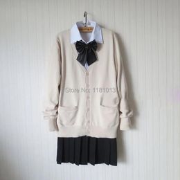 Dress japanese school uniform suit set Almond / Beige Cardigan sweater + solid white long sleeve shirt + pure black Pleated skirt