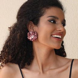 Stud Earrings Exaggerated Fabric Handmade Flower Statement Bohemian Style Charm Vintage Women Fashion Jewelry Oorbellen