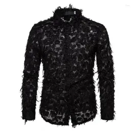 Men's Casual Shirts Men Hand Perspective Feather Sexy Black&White Lace Shirt Mens Fashion Camisas Stage Party Clubwear Clothing