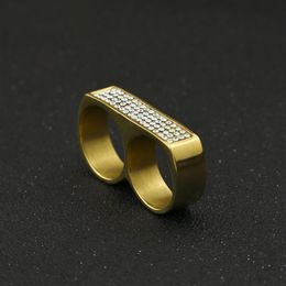 Men 18k Gold Plating Round Wedding Ring Retro Silver rhinestone Two Finger Double steel Size 6-153035