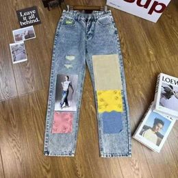 DREW smiley jeans face HOUSE JUSTIN BIBER unisex embroidered torn hole jeans with splashed ink patch Top Quality Dre Same Wash Black Basket