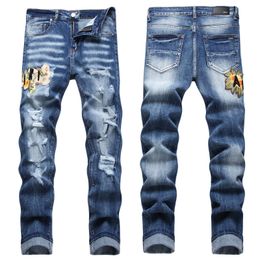 Men Jeans Letter Star AM tiny spot Men Embroidery Patchwork Ripped Sexy Romantic Wild Motorcycle Pant Mens AM3608-00 size 29-38