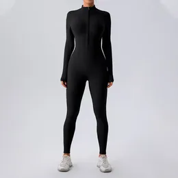 Active Sets One Piece Yoga Suit Sport Jumpsuit Women Black Stand Neck Zipper Long Sleeve Fitness Bodysuit Sportswear Woman Gym Leggings Set