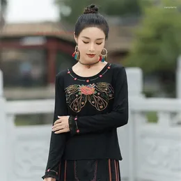 Ethnic Clothing 2023 National Flower Embroidery O-neck Shirt Women Vintage Base Female Traditional T-shirt Oriental Hanfu Tops