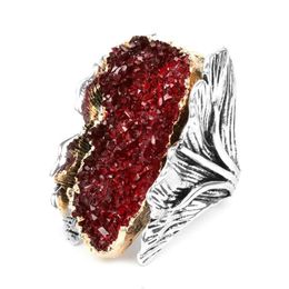 Cluster Rings Vintage Big Red Blue Natural Stone For Women Luxury Silver Colour Crystal Flower Wedding Femme Mujer Fashion Jewelry207Q