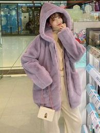 Women's Fur Autumn Winter Oversized Sweet Thickened Lamb Coat Purple Beige Faux Women Kawaii Loose Fluffy Jacket Hoodie Outerwear