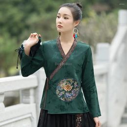 Ethnic Clothing 2023 Chinese National Retro Style Women V-neck Long Sleeve Embroidery Satin Jacquard Hanfu Tang Suit Top T001