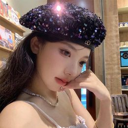Berets Korean Sequined Retro Beret Women's Spring And Autumn Ins Personality Street Trend Dome Painter Hat Boina Casquette