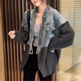 Women's Jackets Stylish Knitted Patchwork Denim Spring Autumn Casual Long Luxery Sleeve Female Commute Korean Pockets Button Coats