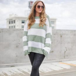 Women's Sweaters 2023 Fall Long Sleeve Crew Neck Striped Colour Block Comfy Loose Oversized Knitted Pullover Sweater