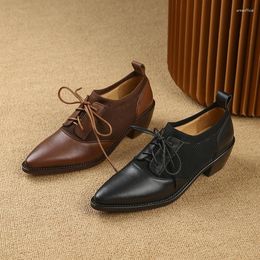 Dress Shoes 2023Spring Women Pumps Natural Leather 22-25cm Cowhide Pigskin Full Retro Brushed Single Lace Up Pointed Toe