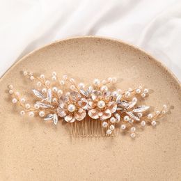 New Wedding Hair Comb Golden Bride Tiaras Headdress Pearl Floral Hairpin Luxury Prom Hair Jewelry bijoux