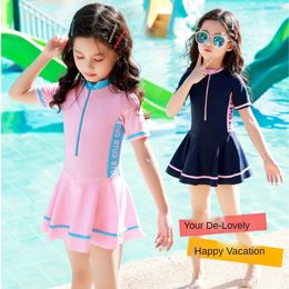 set Children One Piece Swimsuit Colorblock Athleisure Girl Swimwear Short Sleeve Surfing Wear Bathing Suit Sandy Rash Guard 315Y