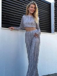 Women's Two Piece Pants Sequins Tassel Sets Women O-neck Long Sleeve Cropped Tops Slim Trouser Suits 2024 Psir Casual Fashion Two-piece Set