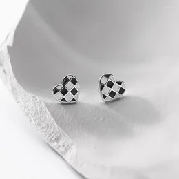 Stud Earrings Solid 925 Sterling Silver Enamel Black And White Love Heart For Fashion Women X'mas Jewellery Gifts Birthday Year