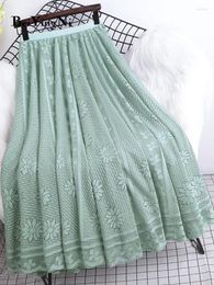 Skirts Women Long Pleated Skirt Elastic High Waist White A-line Korean Slim Midi Elegant Lace Hollow Out Black Faldas P512
