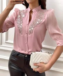 Women's Blouses Fashion 2024 Summer Casual Elegant Shirt Floral Leaf Pattern Contrast Sequin Beaded Top Female Clothing Outfits