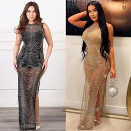 Dresses Luxury Crystal Evening Dress gold black 2023 Lace Beaded Mermaid Sequined Prom Formal Gowns Sheer Neck Robe De Soiree plus size ne