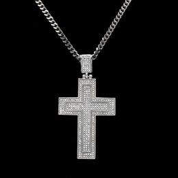 Men Catholic Silver Gold Plated Cross Pendant Necklace Fashion Rock Style Double Crucifix Clear Stone Christian Jewelry For Women 246E