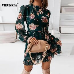 Dresses Vintage Floral Print Chiffon Shirt Dress Women Elegant Turtleneck Ruffle Mini Dress Spring Autumn Long Sleeve Office Lady Dress