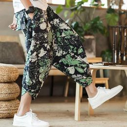 Men's Pants Summer Harajuku Mid-rise Elastic Waistband Trousers Drawstring Pockets Cropped Ethnic Style Retro Print Harem