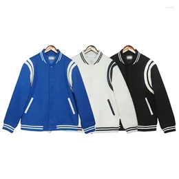 Men's Jackets Autumn/Winter Double White Stripe Splicing Contrast Color Woolen Jacket Baseball Korean Streetwear Coat