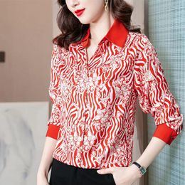 Women's Blouses 2023 Autumn Printed Mulberry Silk Satin Chiffon Shirts Long Sleeve Loose Chic Vintage Casual Blouse
