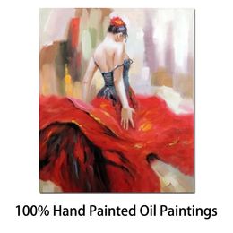 Paintings Modern Figure Oil Paintings Flamenco Dancer Spanish Gypsy Bright Red Dress Hand Painted Canvas Art Beautiful Lady Artwork for Offi