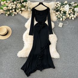 Casual Dresses Foamlina Women Elegant Black Ruffles Slash Neck Off Shoulder Long Sleeve Slim Stretch Irregular Evening Party Club Mermaid