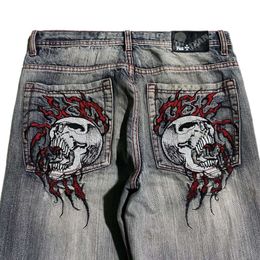 Skull Embroidered Loose Fit Jeans Fashion Haruku Trend Women Casual Street Hip Hop High Waist Wide Straight Leg Pants