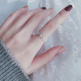 Cluster Rings Silver Colour Flower Ring For Women Girls Korean Fashion Hollow Five-petal Simple Temperament Adjustable Jewellery