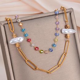 Pendant Necklaces Bohemian Colored Crystal Beads Necklace For Women With Irregular Pearl Double Layer Stainless Steel Golden Wholesale