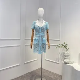 Party Dresses 2023 Spring Summer Top Quality Women Fashion Luxury Blue Floral Lace White Notched Petal Sleeve Mini Dress